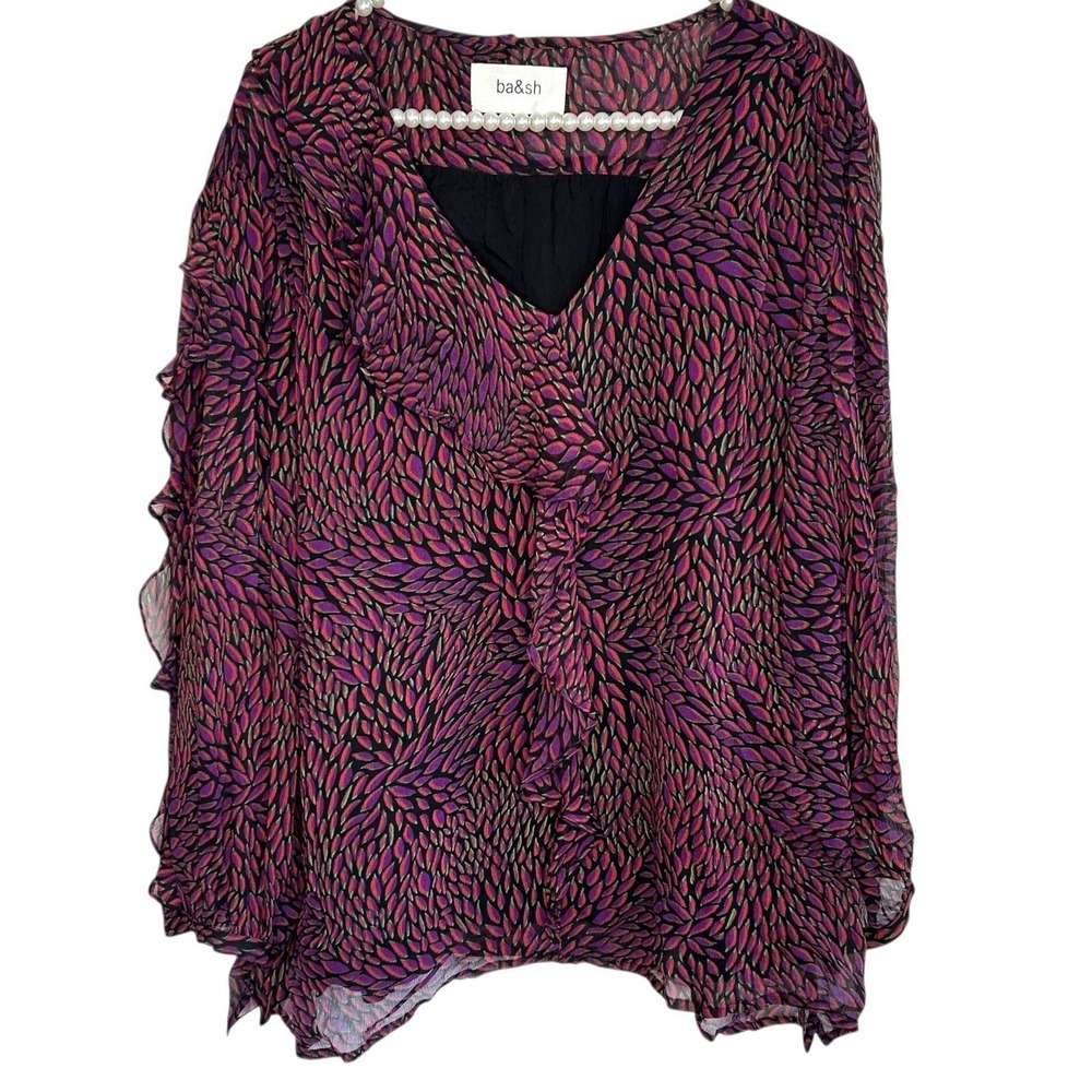 BA&SH Genny Ruffle Sheer‎ Top Abstract Large 10 Boho Peasant Whimsigoth Luxury